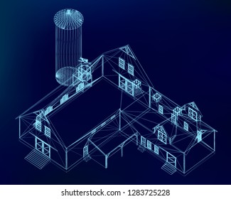 Building wireframe on a dark blue background. Model home project. 3D Vector illustration.