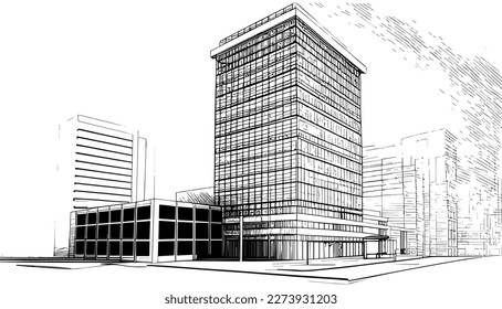 Building wireframe vector black line illustration isolated white. Sketch art