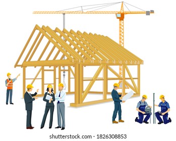 Building a wooden house with craftsmen and architects