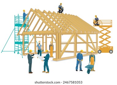 Building a wooden house with craftsmen and architects