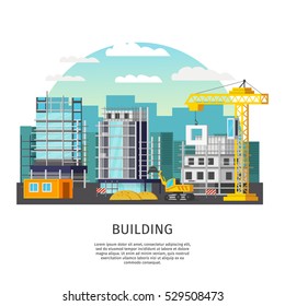 Building work orthogonal design with houses in scaffolding and construction equipment on city background vector illustration