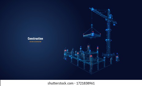 Building work process with construction equipment in dark blue background. High tower crane holding slab. Building construction concept. Abstract vector illustration. Low poly wireframe
