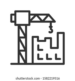 Building work process, crane, building, linear icon. Editable stroke