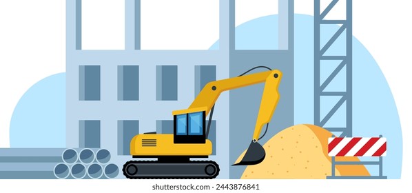 Building work process. Excavator, sand pile, warning sign. Construction equipment. City landscape on background. Vector illustration