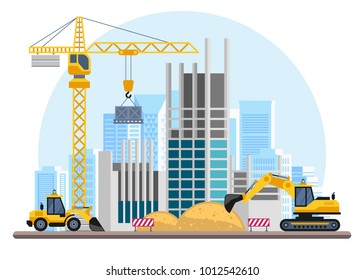Building work process with houses and construction machines. Vector illustration.