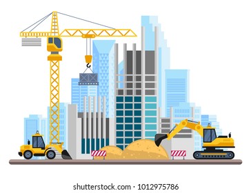 Building work process with houses and construction machines. Vector illustration.