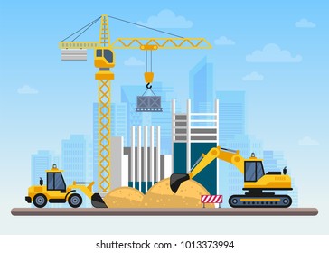 Building work process with houses and construction machines. Vector illustration.