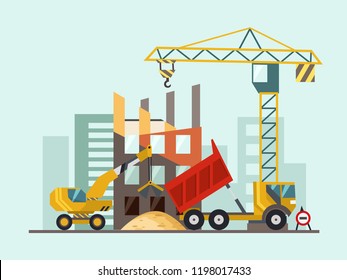 Building work process with houses and construction machines. Vector illustration