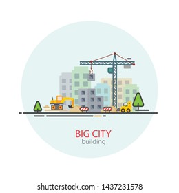 Building work process with houses and construction machines. Vector illustration.