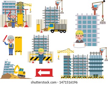 Building work process with houses and construction machines. Vector illustration.