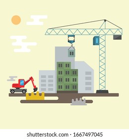 Building work process with houses and construction machines. Vector illustration.