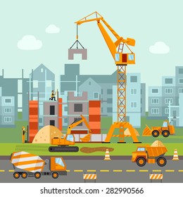 Building work process with houses and construction machines flat vector illustration