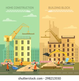 Building work process with houses and construction machines flat vector illustration