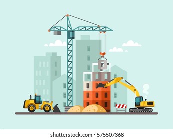 Building work process with houses and construction machines. Vector illustration.
