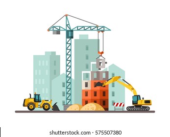 Building Work Process With Houses And Construction Machines. Vector Illustration.