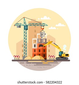 Building work process with houses and construction machines. Vector illustration.