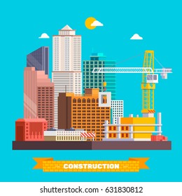 Building work process with houses and construction machines Flat vector illustration