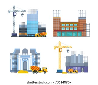 Building work process with houses and construction machines. Urban construction. City, house. Building houses premises with help of special equipment, crane, concrete mixer. Vector illustration.