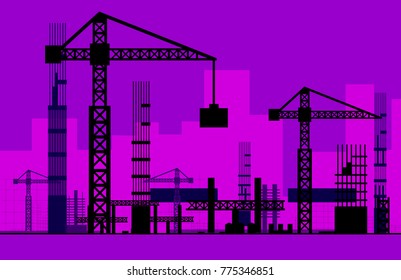 Building work process with houses and construction machines. Vector illustration.