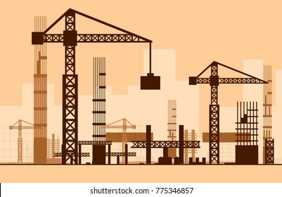 Building work process with houses and construction machines. Vector illustration.