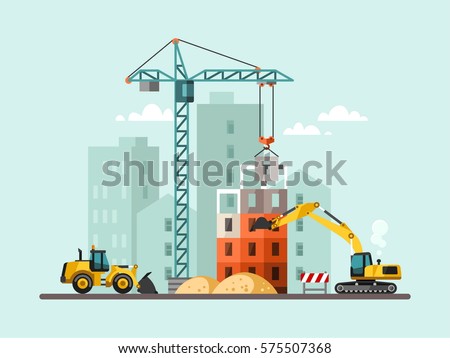 Building work process with houses and construction machines. Vector illustration.