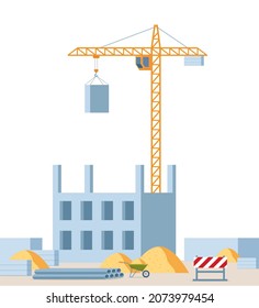 Building work process with houses and tower crane. Vector illustration