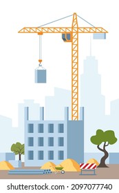 Building work process with houses and tower crane. City landscape on background. Vector illustration