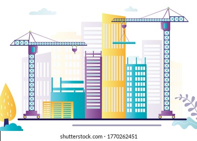 Building work process with unfinished houses and machines. Сonstruction highrise home or condo house with modern cranes. Large construction equipment. Banner in trendy style. Flat vector illustration