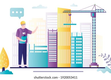 Building work process with unfinished houses and machines. Сonstruction highrise home or condo house with crane. An engineer or supervisor leads the construction process. Flat vector illustration