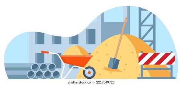 Bauprozess. Schubkarren, Sandstapel, Schaufel, Warnzeichen. Bauausrüstung. Stadtlandschaft auf Hintergrund. Vektorgrafik