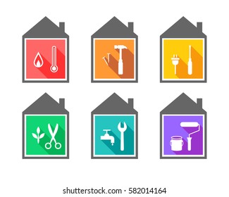 Building with work tools as repair and improvement concept. Working tool icons set in flat design.