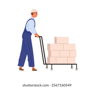 Building worker. Bricklayer, repair man pushing trolley loaded with bricks at construction site. Repairman, builder during renovation work. Flat vector illustration isolated on white background