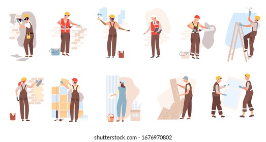 Building Worker Person In Helmets Construction Builds, Lay Tiles, Bricks, Laminate, Glass Window On Building Vector Illustration Isolated On White. Builder People And Brush, Wallpaper, Roller, Bucket