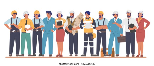 Trabajadores de construcción e ingenieros caricaturistas, ilustración vectorial plana. Trabajadores industriales, gente de diferentes profesiones de construcción con sombreros duros y uniforme. Industria de la construcción.