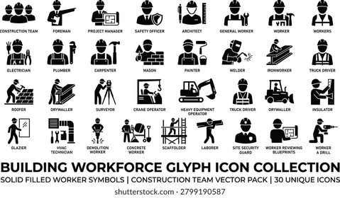 Building workforce glyph icon collection construction team and worker professions vector set