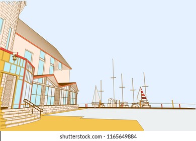 The building of the yacht club, Parking boats, yachts and boats. Vector