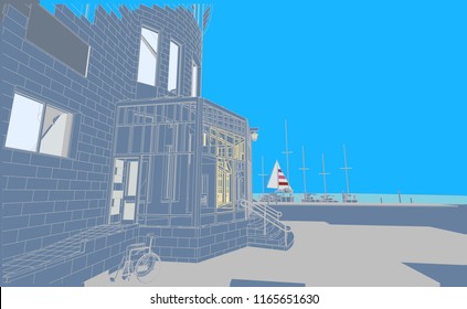 The building of the yacht club, Parking boats, yachts and boat, blueprint. Vector