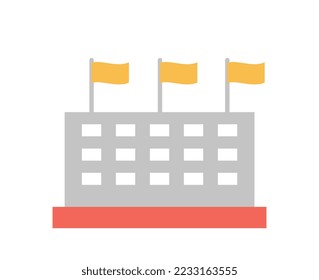 Building with yellow flags icon. City international home, diplomatic mission and foreign consulate. Urban architecture. Sticker for social networks and messengers. Cartoon flat vector illustration