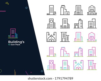 Edificios - Paquete de iconos de 10. Adecuado para sitio web, aplicación móvil, afiche, presentación, volante, impresión, medios sociales, etc