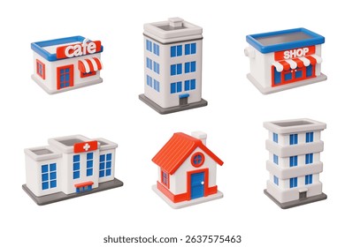 Buildings 3D style vector illustrations set. Cartoon isometric house, hotel or office apartment isolated on white. Volumetric cafe, hospital, shop. Real estate and government construction icons