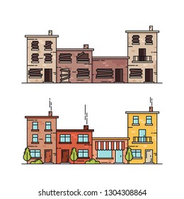 Buildings: Abandoned and Repaired. Flat Line Style. Vector Illustration