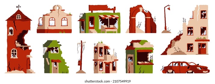 Buildings after earthquake. Cartoon ruined and abandoned city, collapsed and broken houses and property. Vector dilapidated buildings set
