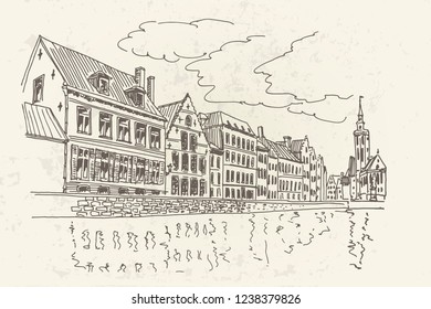 Buildings along a channel in Spiegelrei street, Bruges, Belgium.