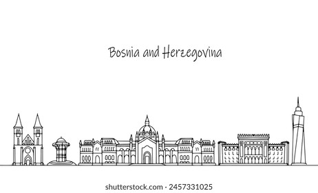 Buildings and architecture of Bosnia and Herzegovina. Traveling around a European country. Simple line vector illustration.