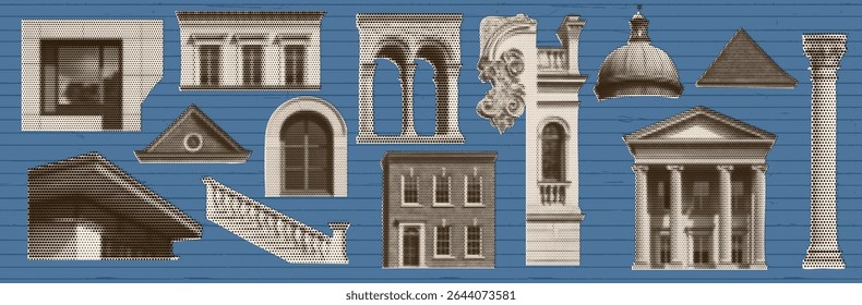 Buildings and architecture elements in popart halftone style at the blue striped bg with brown sepia effect. Grunge. Collage zine scrapbook elements.
