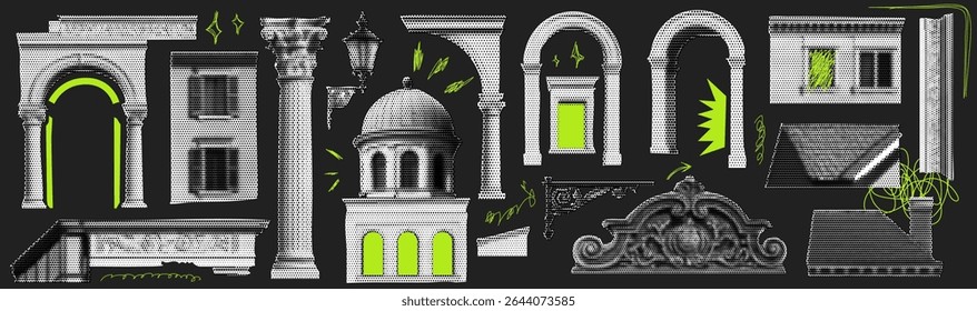 Buildings and architecture elements in popart halftone style at the black bg with acid green accents. Grunge effect. Collage zine rave scrapbook elements.