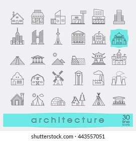 Buildings and architecture icons set. Various styles and building purposes. Buildings for living and work, monumental buildings. Vector illustration. Collection of line building and landmark icons.