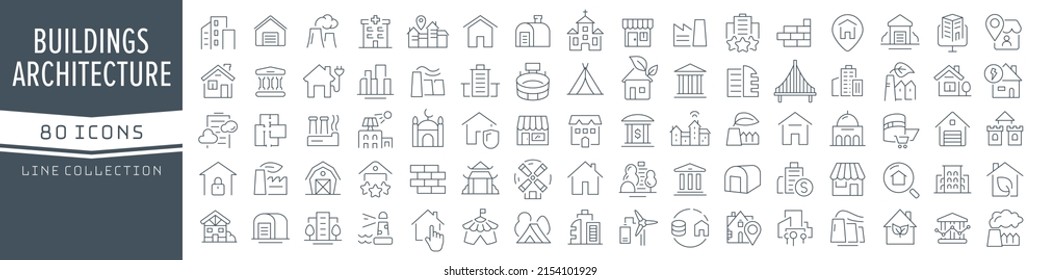 Colección de iconos de líneas de edificios y arquitectura. Un gran icono de interfaz de usuario en un diseño plano. Paquete de iconos de contorno delgado. Ilustración del vector EPS10