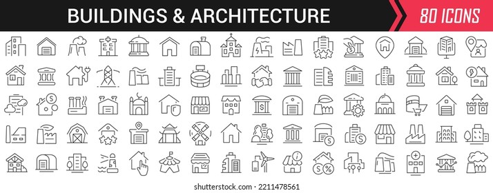 Buildings and architecture linear icons in black. Big UI icons collection in a flat design. Thin outline signs pack. Big set of icons for design