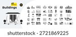 Buildings and architecture outline illustrations mega bundle. Houses, skyscrapers, factory, apartments, church, bank. Real estate 2D linear images isolated. Collection black and white vector drawings